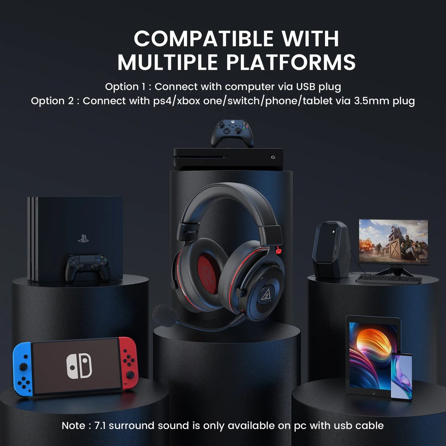 Słuchawki gamingowe EKSA E900Pro, 7.1 dźwięk, USB, z mikrofonem, do PC/PS4/PS5/Xbox