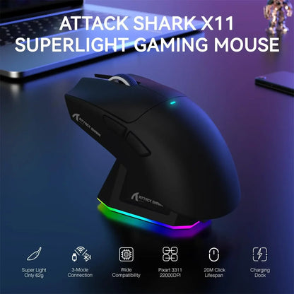 Mysz gamingowa ATTACK SHARK X11, bezprzewodowa, RGB, 22K DPI, z dokiem ładującym