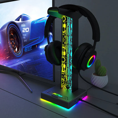 Stojak na słuchawki RGB, z portami USB i audio 3.5mm, 10 efektów świetlnych, uchwyt na słuchawki do PC dla graczy