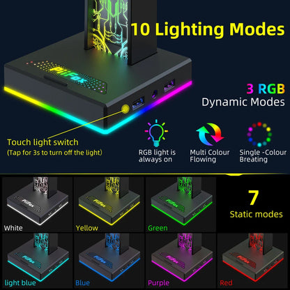 Stojak na słuchawki RGB, z portami USB i audio 3.5mm, 10 efektów świetlnych, uchwyt na słuchawki do PC dla graczy